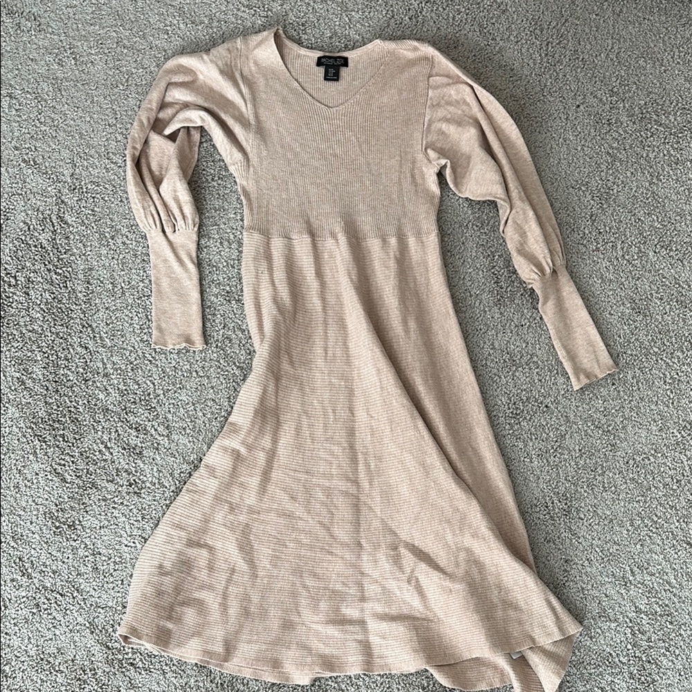 Rachel Zoe Tan V-Neck Bishop Sleeve Sweater Dress